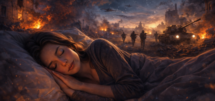 Śpiąca kobieta na pierwszym planie, a w tle płonące miasto, żołnierze i czołg – symboliczna ilustracja snu o wojnie i wewnętrznym niepokoju.